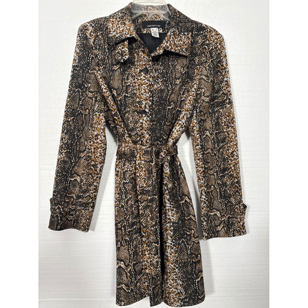 Jones New York Trench Coat Women M Brown Snake Print Belted Animal Print Jacket